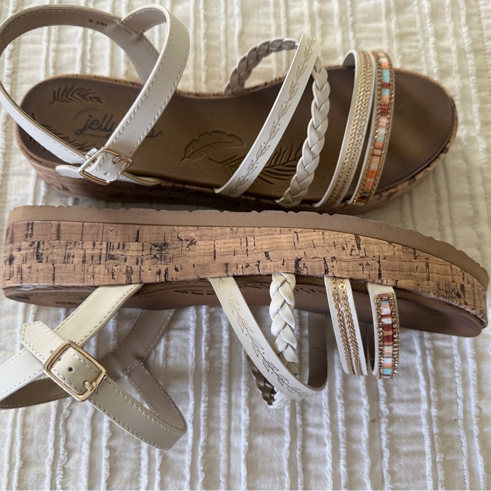 Jellypop Cream Braided & Beaded Cork-Platform Sandals